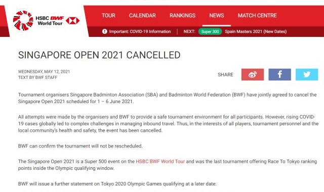 开云-新加坡公开赛取消东奥前无赛事 国羽无奈将“裸考”